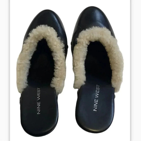 Nine West chunky heel clog mule Studded Black leather Size 8.5 Sherpa Retro - Picture 5 of 12